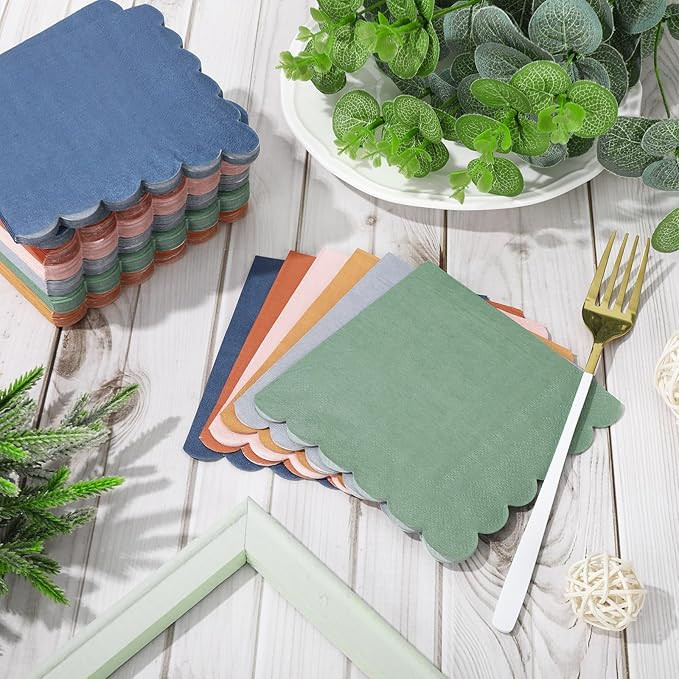 Whaline 120Pcs Fall Pastel Scalloped Cocktail Napkin 5 Inch 6 Neutral Colors Disposable Paper Nap... | Amazon (US)