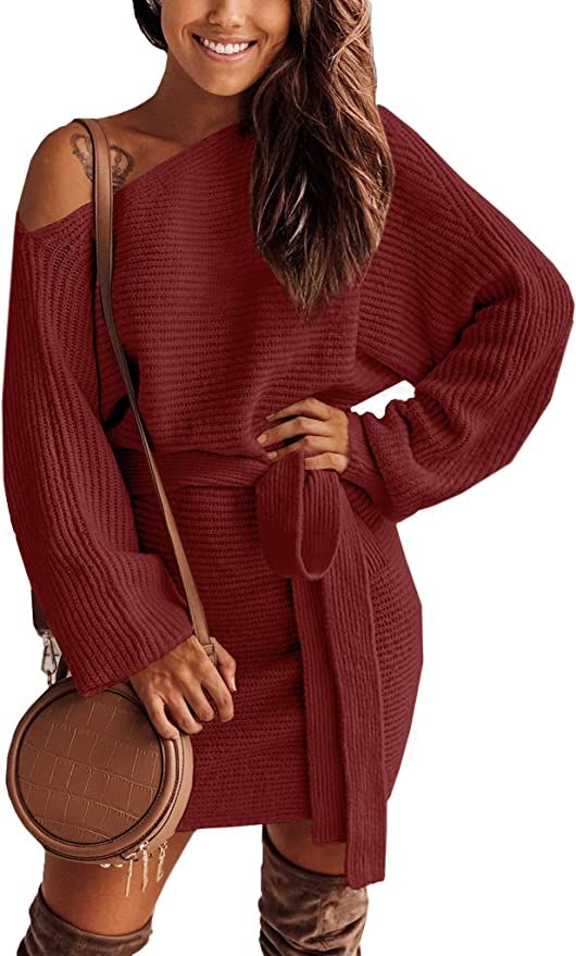 Amazon.com: Womens Open Shoulder Solid Color Warm Sweater Dress Casual Belted Batwing Sleeve Knit... | Amazon (US)