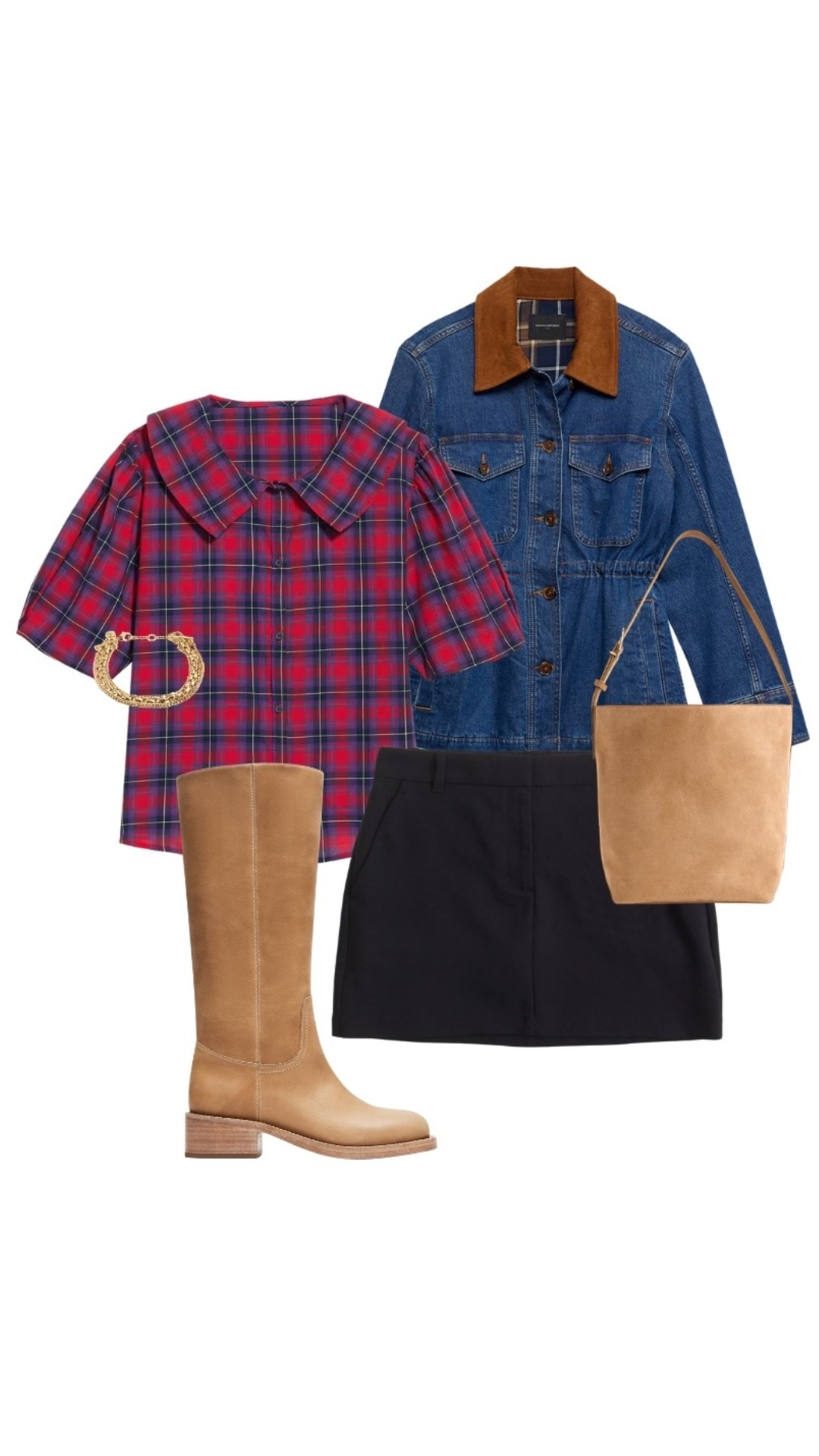 Fall outfit featuring a cute plaid blouse from Old Navy and this cute barn jacket from Banana Republic Factory! 

Banana leather boot, barn jacket, mini skort, cotton blouse, suede bag

#LTKSeasonal #LTKSaleAlert #LTKPetite