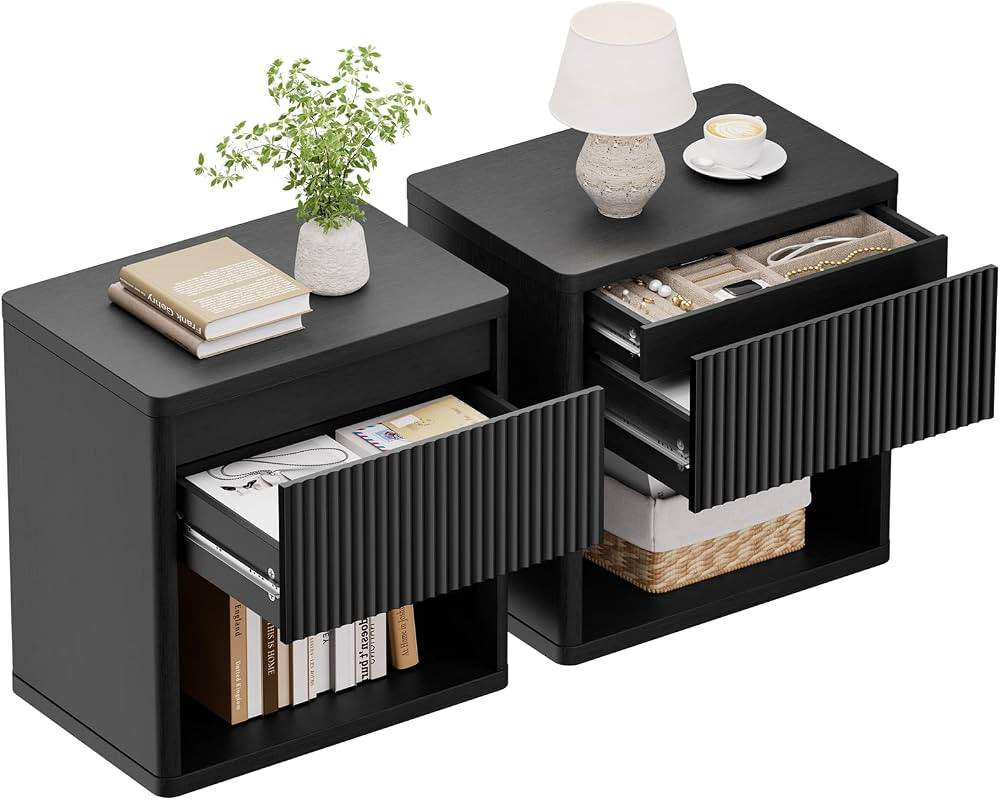 22.8" W Black Fluted Nightstand Set of 2 with 4 Drawers, Mid Century Modern Nightstand with Hidde... | Amazon (US)