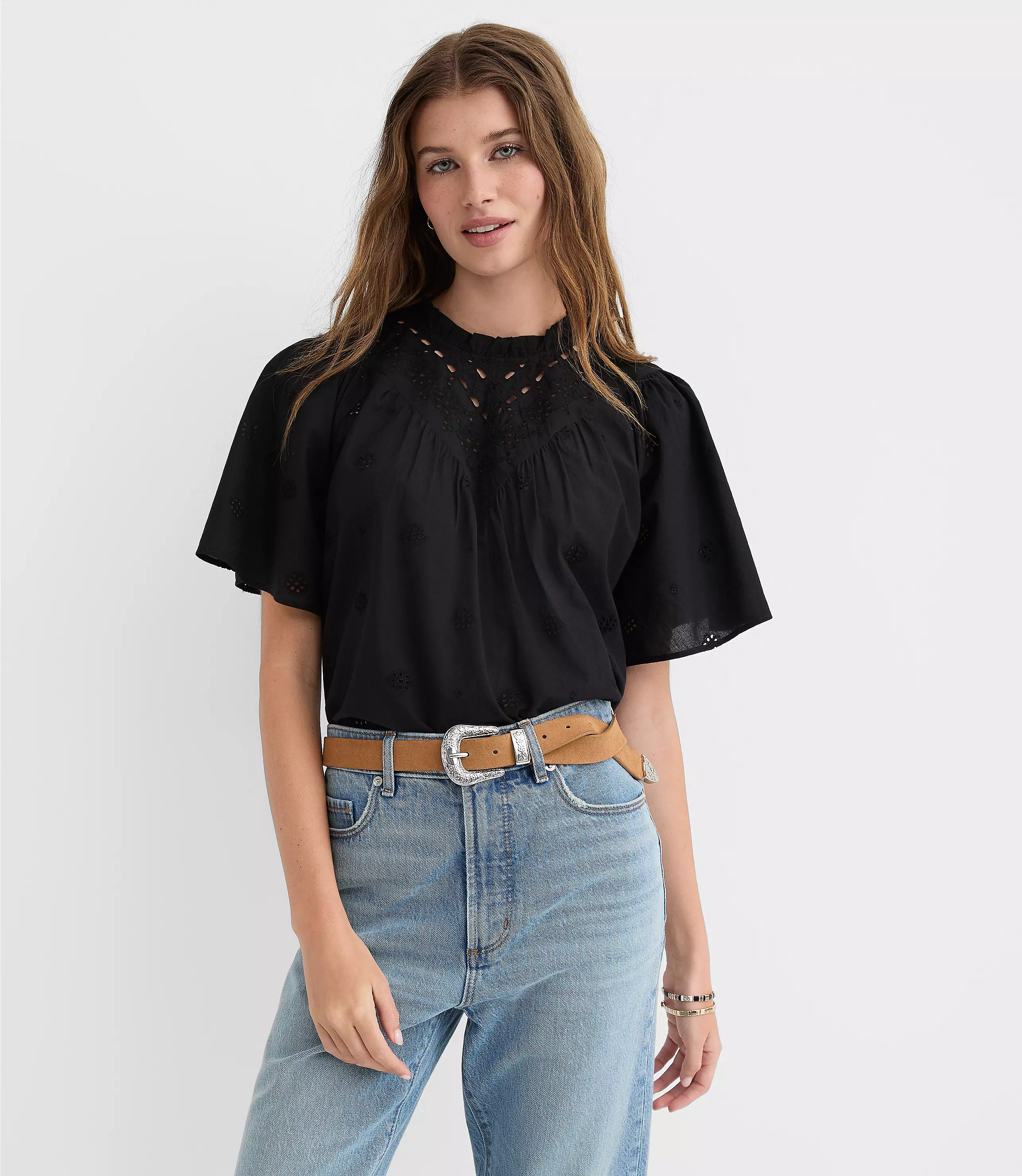 Eyelet Flutter Sleeve Blouse | LOFT