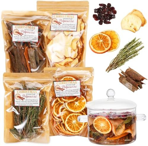 Vesici 4 Pack Christmas Potpourri Simmer with Glass Pot Dried Apple Slices Cinnamon Dried Orange ... | Amazon (US)