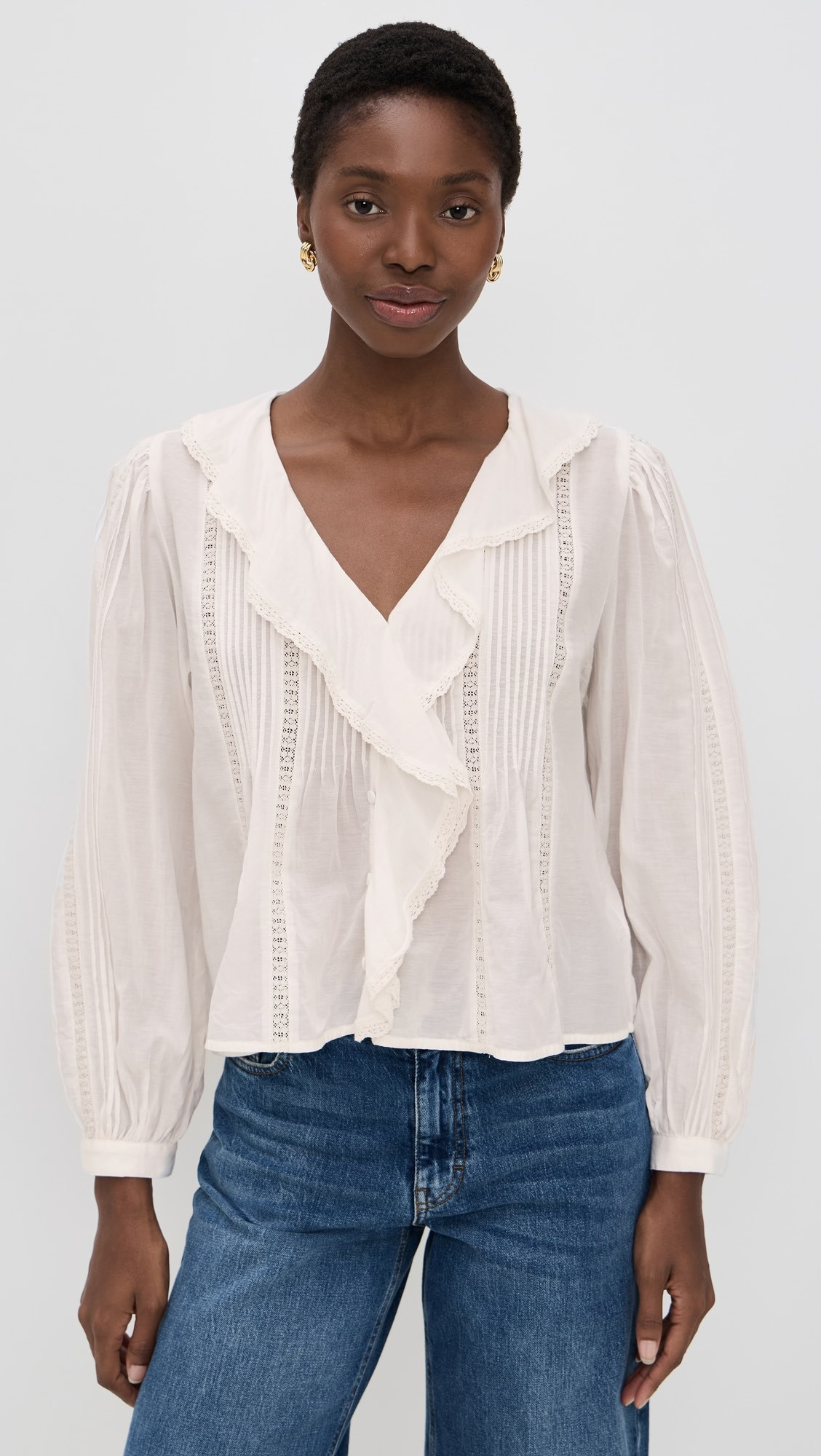 Lace-Insert Ruffled Pintuck Long-Sleeve Top | Shopbop