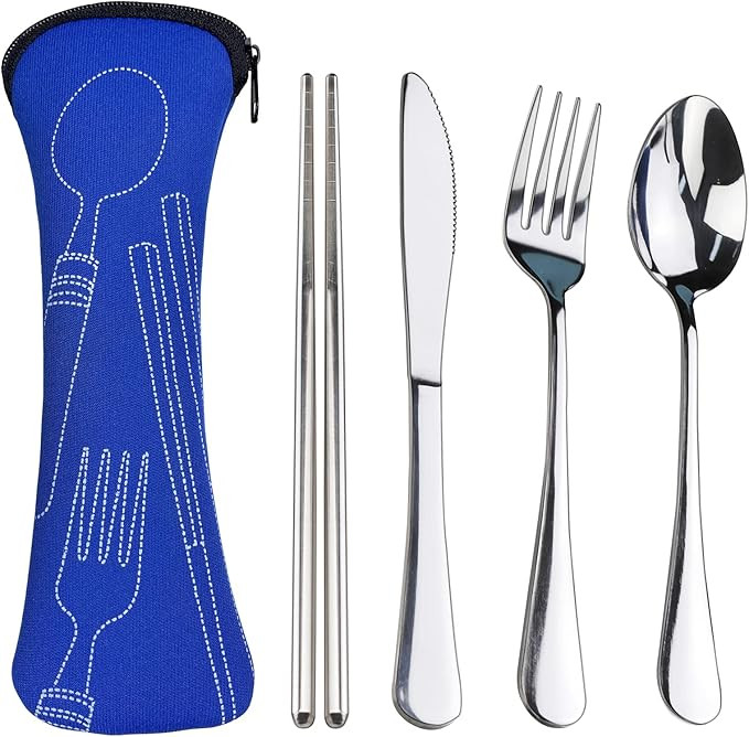5PCS Portable Silverware Set with Case, Lengnoyp Travel Camping Utensils Set, Premium Stainless S... | Amazon (US)