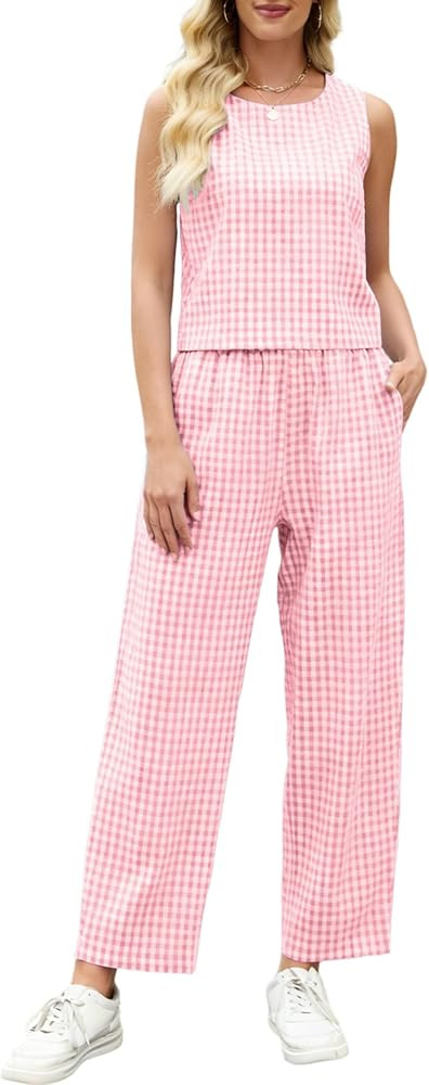Tanming 2 Piece Sets for Women Summer Gingham Plaid Tank Top Crop Pants Travel Vacation Beach Lou... | Amazon (US)