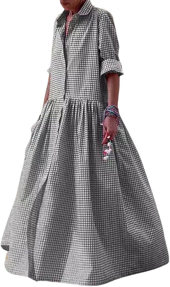 chouyatou Women's Retro Plaid Button Down Maxi Shirt Dress Long Sleeve Button Up Gingham Swing Lo... | Amazon (US)