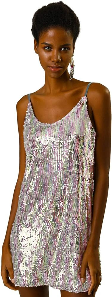 Allegra K Women's Glitter Sequin Dress Spaghetti Strap V Neck Party Cocktail Sparkly Mini Dress C... | Amazon (US)