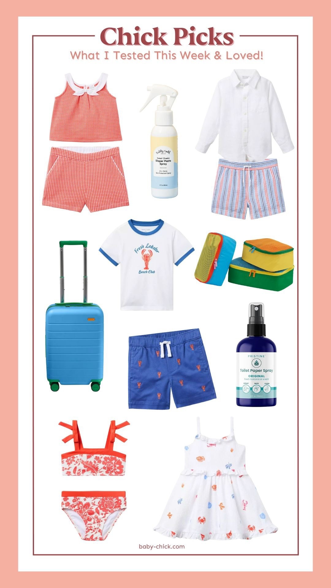 Every week, I test out new baby, pregnancy, and parenting products so you don’t have to. These are some of my favorites that stood out this week. 💁‍♀️✨

Whether you’re heading out on a summer trip or just need some smart swaps for everyday parenting, these finds have been total wins in our home! The Away Kids' Carry-On and Packing Cubes made organizing for vacation a breeze (and so fun for the kids to use!). I also tested out some adorable Janie & Jack summer outfits—from lobster prints to sweet swimwear—and I’m obsessed. 😍 For diaper duty, Tubby Todd’s Diaper Paste Spray is a game-changer—no mess and full coverage. And don’t sleep on the Pristine Toilet Paper Spray… it’s a mom must-have that makes toilet paper into safe, flushable wet wipes! 💯

#LTKSeasonal #LTKKids #LTKFamily