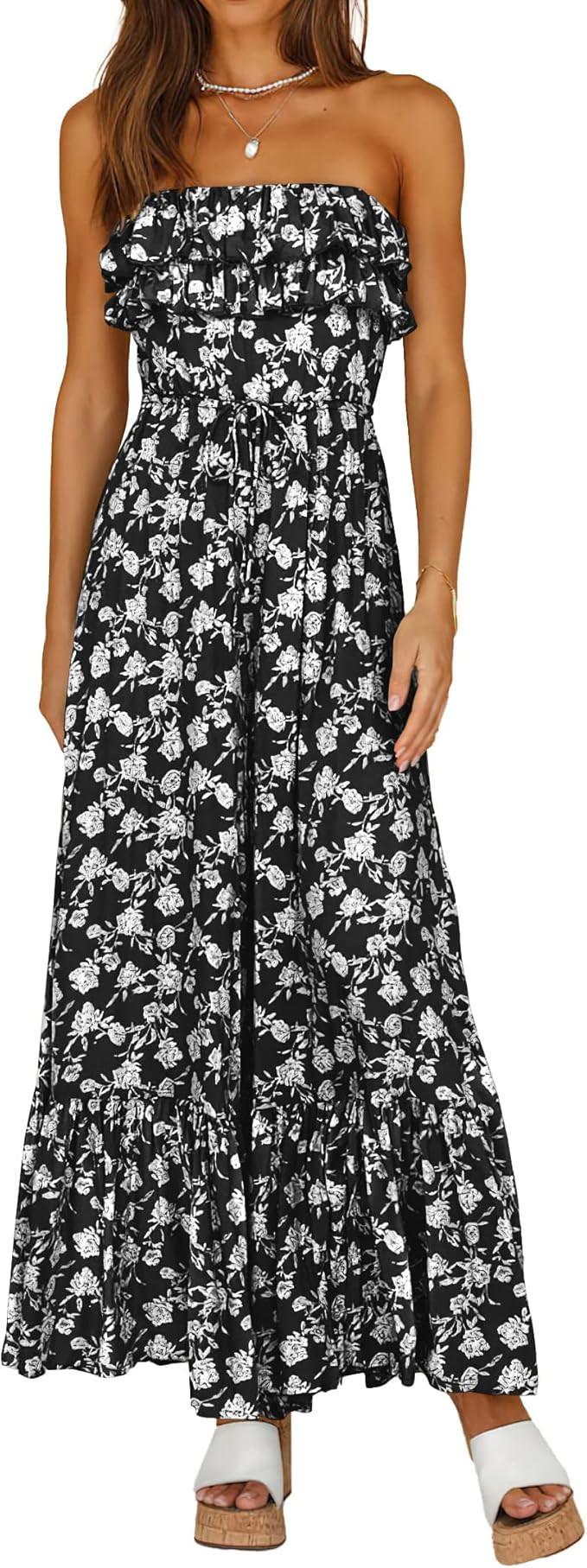 PRETTYGRDEN Women Casual Summer Jumpsuits 2023 Ruffle Square Neck Tie Back High Waist Boho Floral... | Amazon (US)