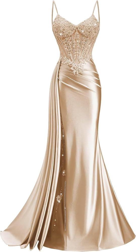 MYDRESS Mermaid Prom Dresses with Slit 2026 Long Beaded Satin Formal Evening Dress | Amazon (US)