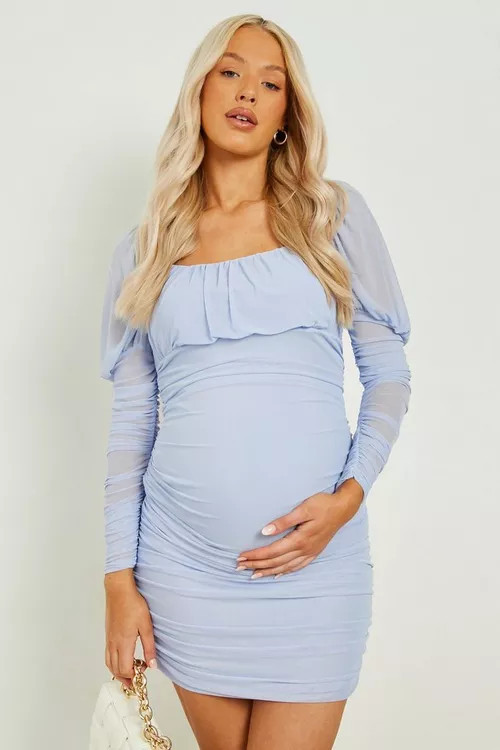 Maternity Puff Sleeve Ruched Mesh Mini Dress | Boohoo.com (US & CA)