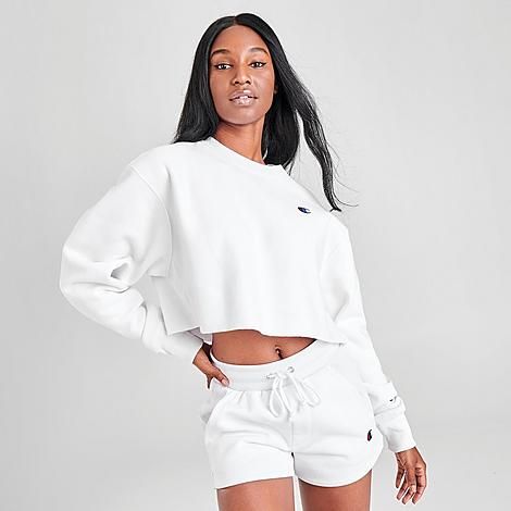 Champion Women's Reverse Weave Crop Crew Sweatshirt in White Size Large Cotton | Finish Line (US)