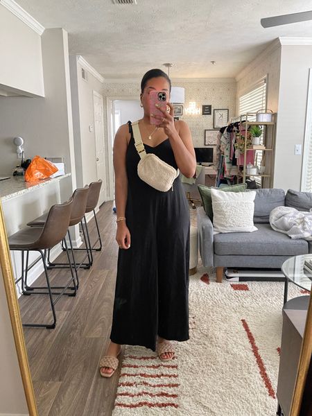 Todays OOTD. 

Jumpsuit is from Old Navy and currently 30% off. I’m wearing a side medium for reference. Linking my jewelry from Baublebar, my sandals from Target and my belt bag from Amazon. 

#LTKunder50 #LTKSeasonal #LTKsalealert