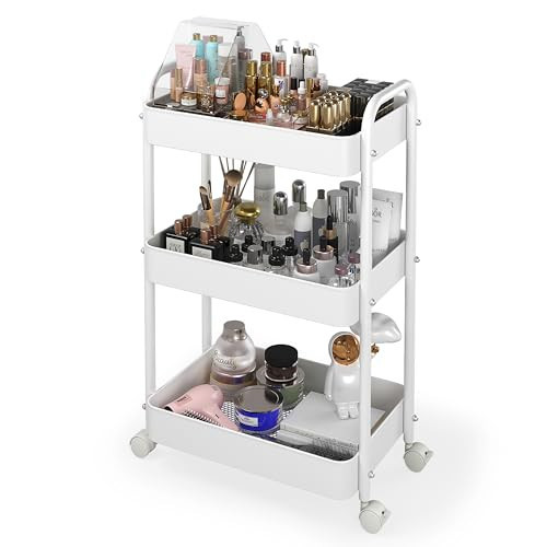 Floor Skincare Organizer, 3 Tier White Makeup Cart with Wheels, Makeup Organizer and Storage Bathroom Organizer Cart Vanity Organizer Cosmetics Display Holder for Skincare Nail Polish Perfume Brush | Amazon (US)