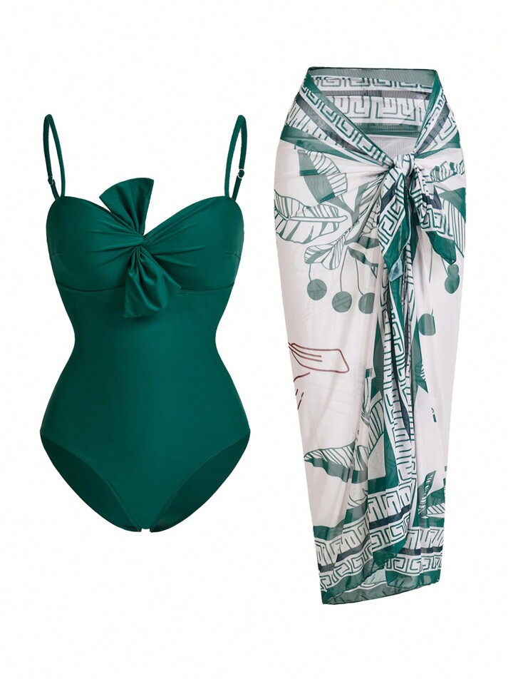 Swim Oasis Women's Set Of Spaghetti Strap Backless Top With Bowknot And Tie-Dye Print Pleated Ski... | SHEIN