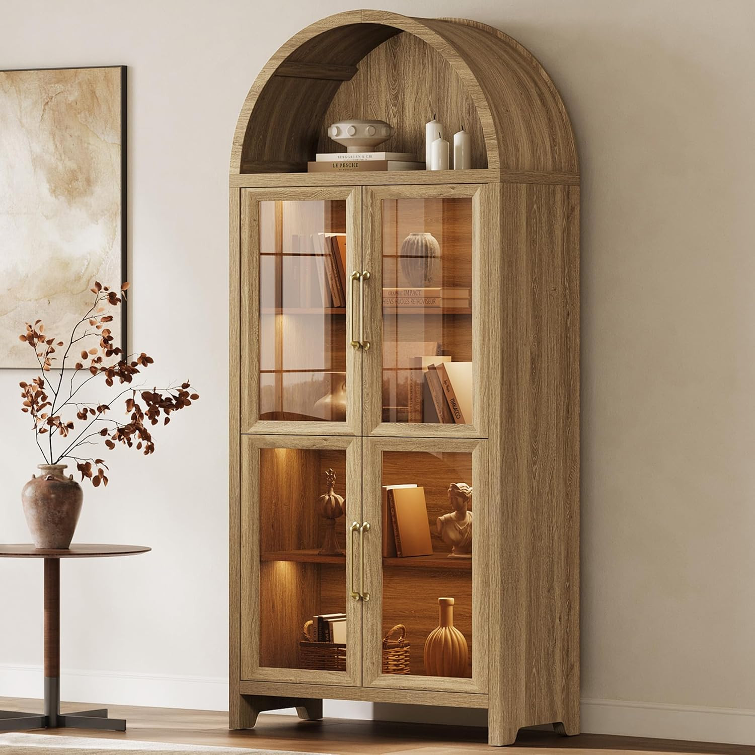 SICOTAS 74" Display Cabinet with Glass Door, Modern 5-Tier Arched Bookcase with Rechargeable 3-Co... | Amazon (US)
