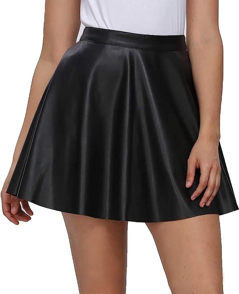 Fahsyee Leather Skater Skirt, Women's Black Pleated Plus Size Mini A-line Vegan Faux High Waist C... | Amazon (US)