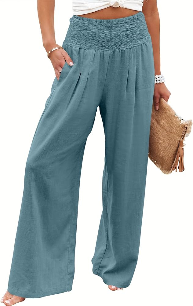 ANRABESS Women Linen Palazzo Pants Summer Boho Wide Leg High Waist Casual Lounge Pant 2025 Beach ... | Amazon (US)