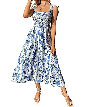 Floerns Women's Floral Print Tie Strap Square Neck Ruffle Boho Maxi Dress | Amazon (US)
