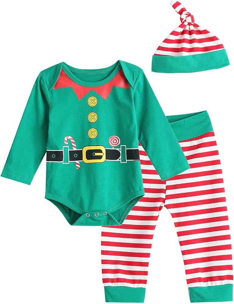 Christmas Outfit Set Baby Boy Girl Striped Bodysuit with Hat | Amazon (US)