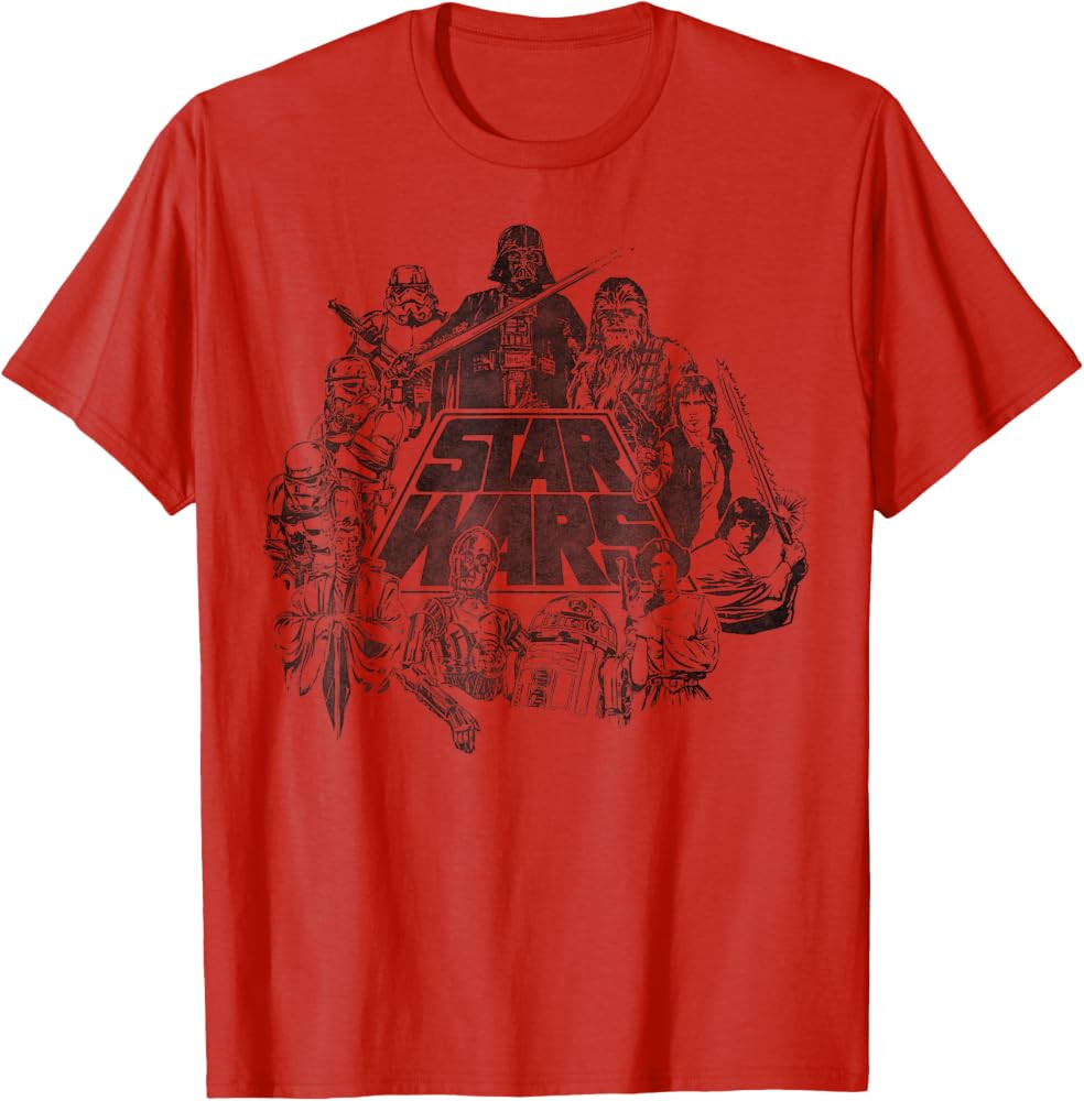 Star Wars Classic Characters Cast Line Art Vintage Disney+ T-Shirt | Amazon (US)