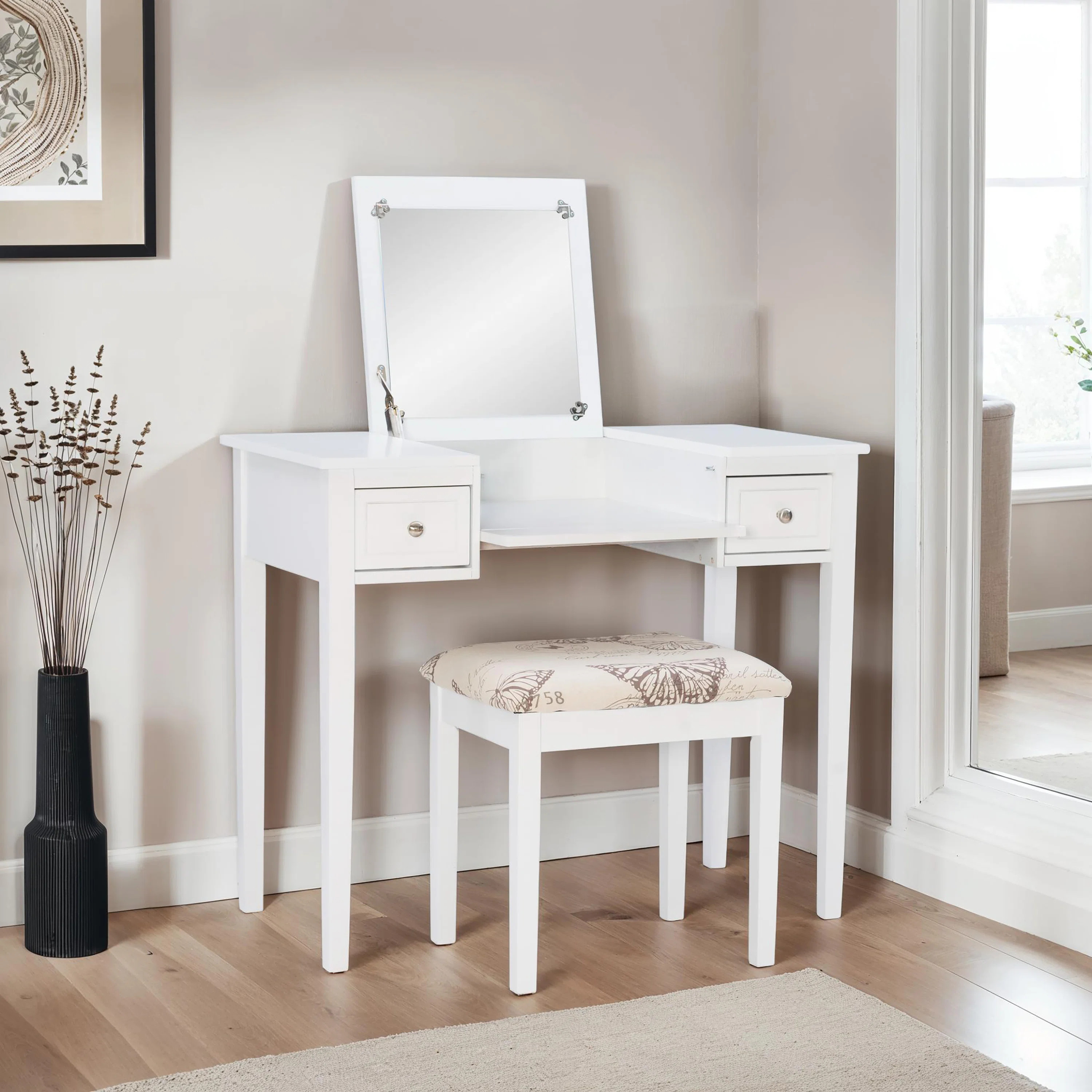 Fidelmar 36" 2-Drawer Flip Top Mirror Vanity with Butterfly Print Stool | Wayfair North America