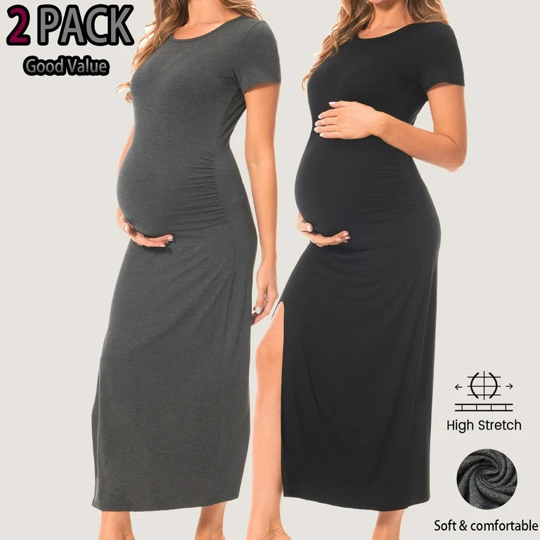 Bearsland Women's Short Sleeve Maternity Dress Ruched Split Pregnancy Maxi Dresses 2-Pack | Walmart (US)