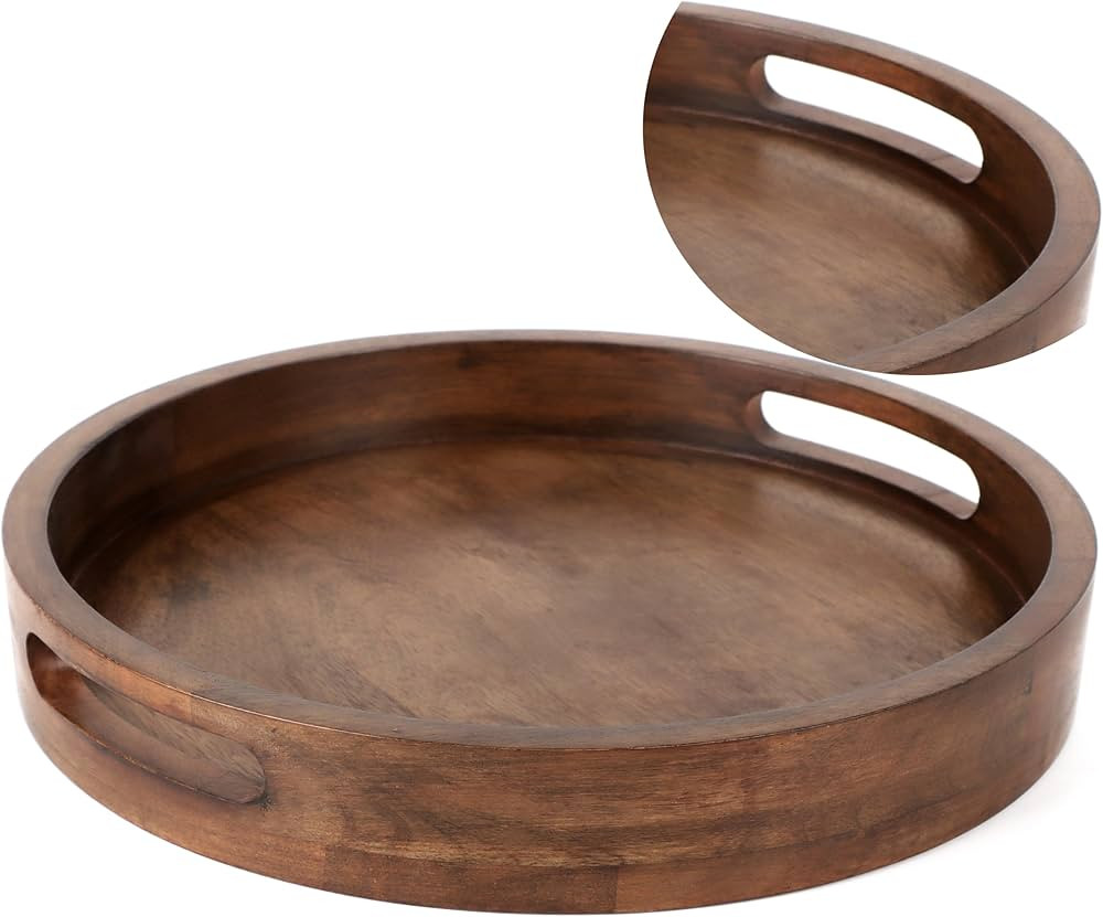 Rustic Wooden Serving Tray - Round Wood Decorative Tray Vintage Centerpiece Candle Holder Trays F... | Amazon (US)
