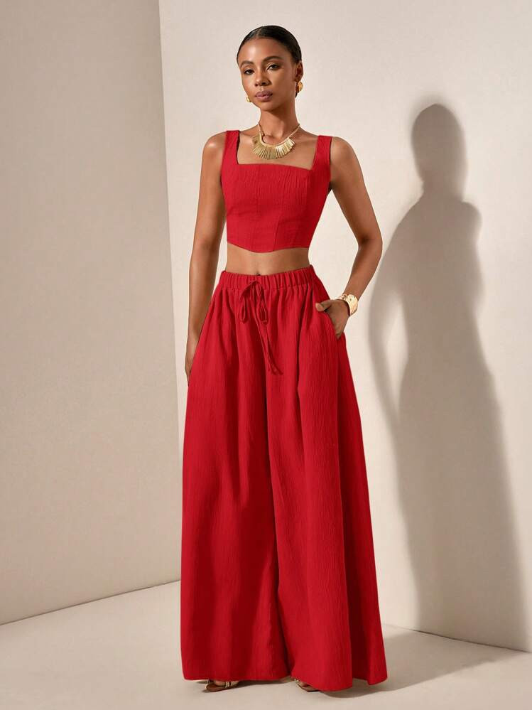 Zivah New Spring/Summer Vacation Casual Fishbone Strap Top And Wide Leg Pants With Pockets 2 Pieces Set, Textured Fabric - B,Summer Sets | SHEIN