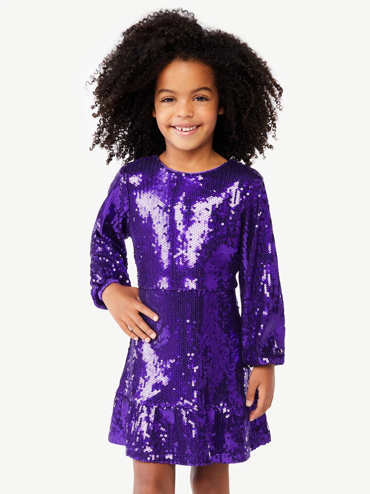 Scoop Girls Ruffle Tier Sequin Dress with Long Sleeves, Sizes 4-12 - Walmart.com | Walmart (US)