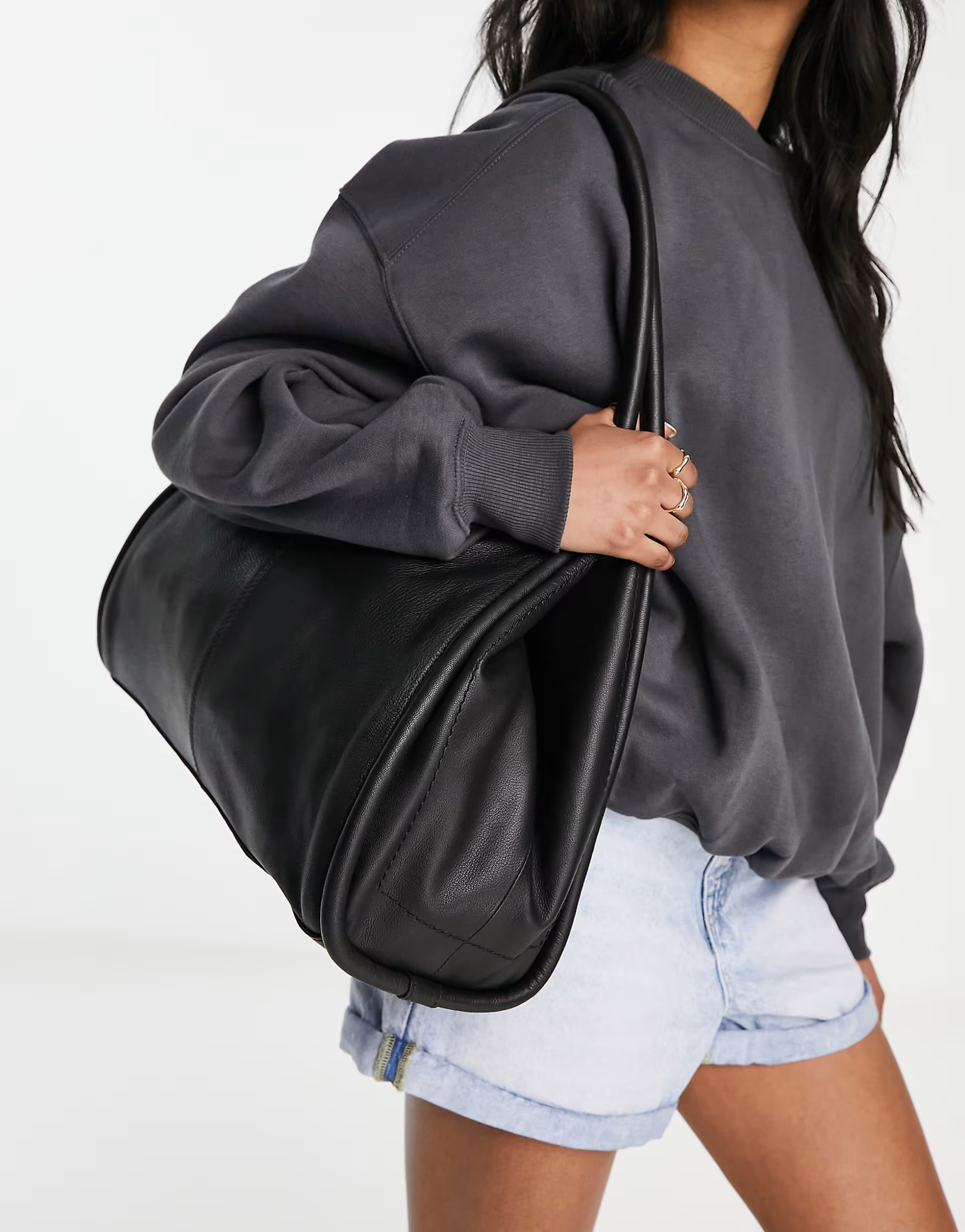 ASOS DESIGN leather tote bag with tubular piping in black | ASOS (Global)