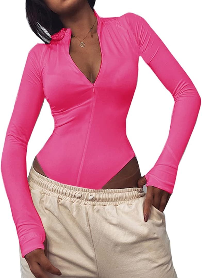 PALINDA Women's Front Zip Long Sleeve Bodysuit Thumb Holes High Cut Stretchy Bodysuit Thong Leota... | Amazon (US)