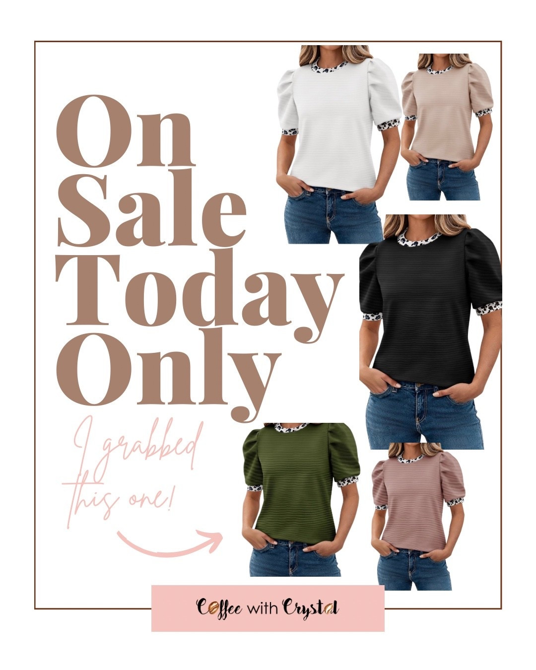On Sale Today Only 👏

This puff sleeve top with the subtle leopard trim detail is SUCH a good find — and it’s only $9.99 right now.

It has:
✨ Structured puff sleeves
✨ Textured fabric
✨ The cutest contrast neckline + cuff detail
✨ Easy dress-up or dress-down vibe

Throw it on with jeans and you look instantly put together.

I grabbed this one 👀



#LTKSale #LTKUnder50 #AmazonFashion #AmazonFinds #MomStyle #AffordableStyle #DailyOutfit #WardrobeStaples #CoffeeWithCrystal