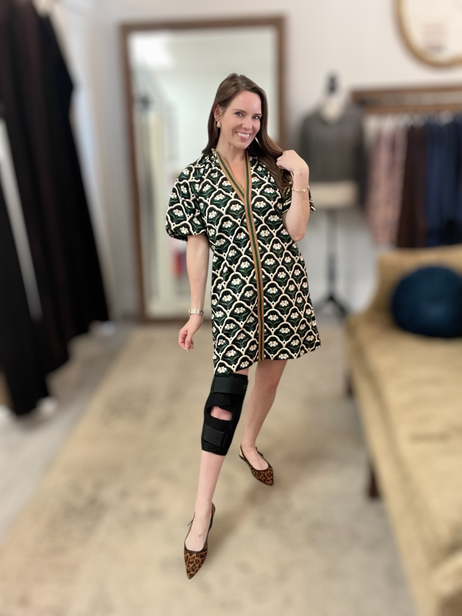 Classic Green Print Dress with Leopard Flats 🤍🐆

This classic green patterned mini dress is one of those easy, polished pieces you can throw on and instantly feel put together ✨ I originally picked this up at Alley Anne’s while shopping, but I’ve linked the exact dress and close matches from other retailers so it’s easy to shop online. The flattering V-neck, puff sleeves, contrast trim, and lightweight cotton fabric make it perfect for everything from casual days to dressed-up errands or dinners. Bonus points for pockets 🙌

I styled it with leopard slingback flats for a fun pop that still feels timeless. You’ll notice I’m wearing a knee brace in this look — that’s because I fractured my fibula head, but I still wanted to show how wearable and comfortable this outfit is even while healing 🤍 The dress is lined, non-sheer, and fits true to size, making it a great grab-and-go option.

Linked are the dress, similar printed dresses, and multiple leopard shoe options so you can recreate the look at different price points 🛍️💚

Green printed dress, V-neck mini dress, puff sleeve dress, boutique style dress, cotton mini dress with pockets, classic preppy outfit, leopard flats outfit, slingback flats, fall transition outfit, everyday dress, southern boutique dress, easy casual chic outfit, women’s patterned dress, neutral shoes outfit

#LTKFindsUnder50 #LTKFindsUnder100 #LTKHoliday