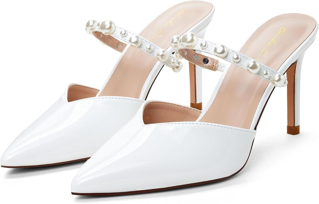 Elisabet Tang Pointed Toe Heels Sandals, 3.54 Inch Pearl Strap Satin Mules Stiletto Heels Glitter... | Amazon (US)