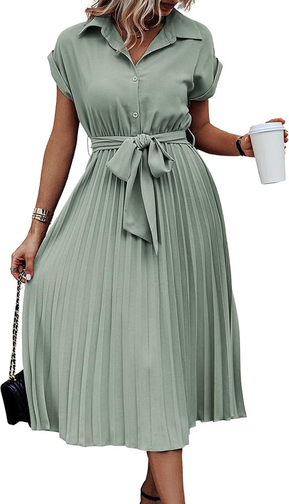 ECOWISH Womens Casual Midi Dresses Solid V Neck Short Sleeve Button Shirt Belted Dress with Pocke... | Amazon (US)