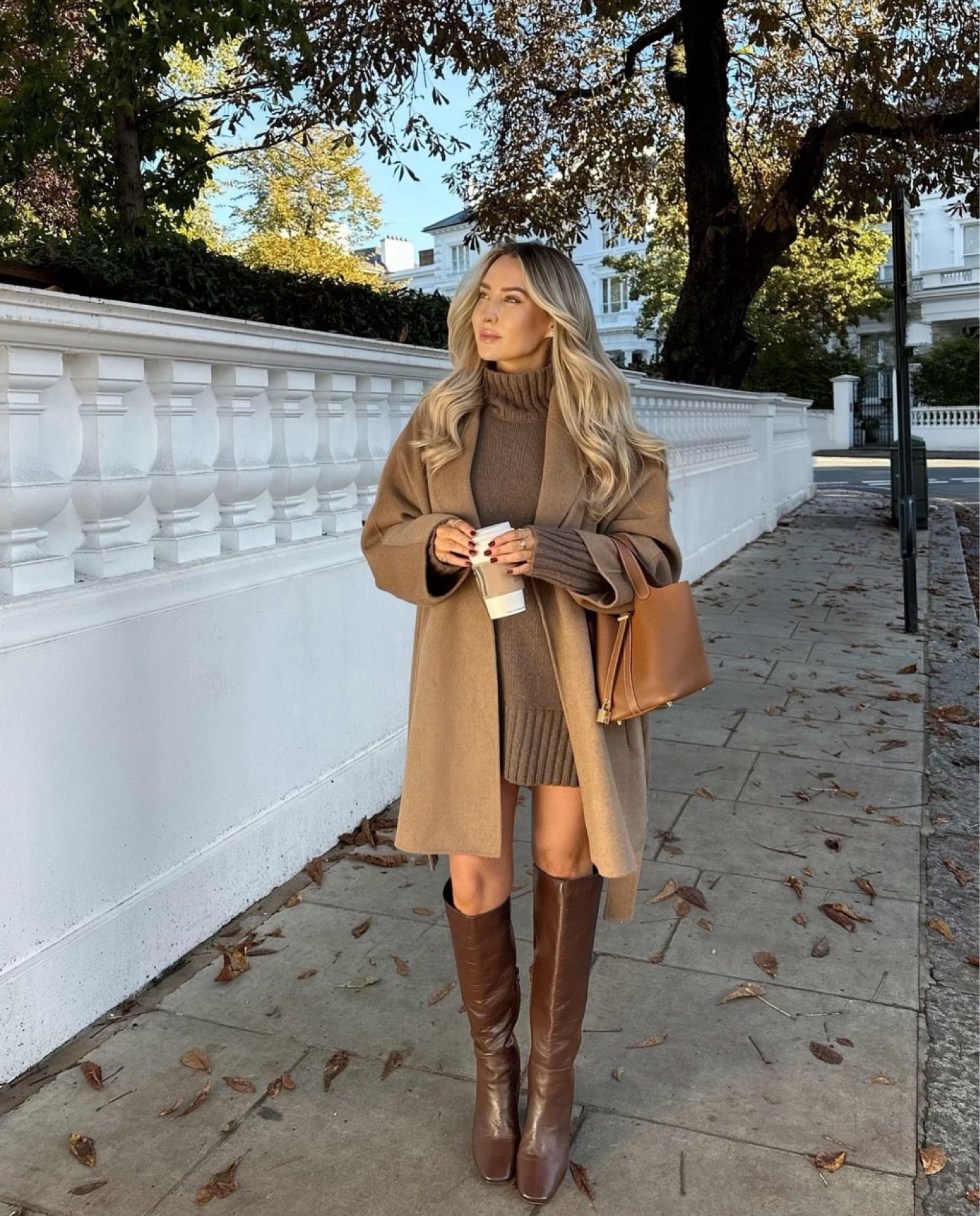 Favourite Autumn Looks 1 - all beige neutral outfit, gorgeous warm tones for autumn walks, brown belted coat and oversized sweater dress, styled with knee high brown boots and tan accessories 

#LTKautumn