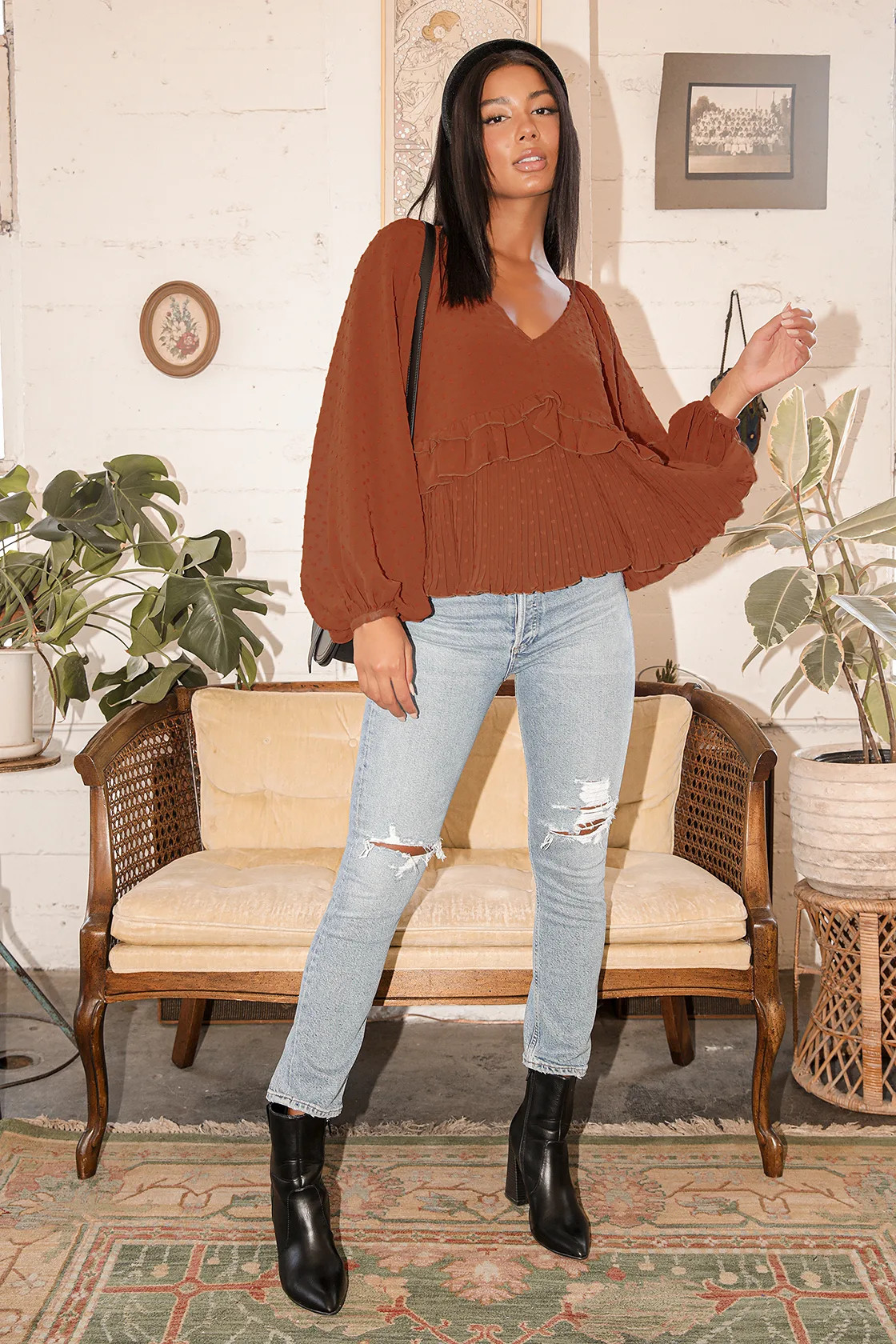 Thrills and Frills Rust Orange Swiss Dot Ruffled Long Sleeve Top | Lulus (US)