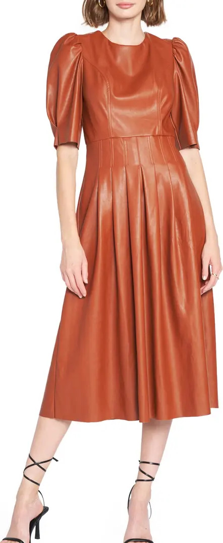 Faux Leather Puff Sleeve Midi Dress | Nordstrom