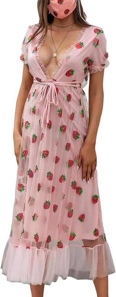 BABiyQvQ Women Strawberry Sweet Dress Sexy Deep V-Neck Short/Long Sleeve Retro Mesh Dress Back Zi... | Amazon (US)