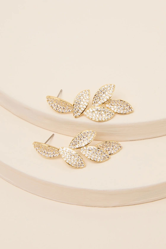 Windsor Gold Rhinestone Leaf Drop Earrings | Lulus
