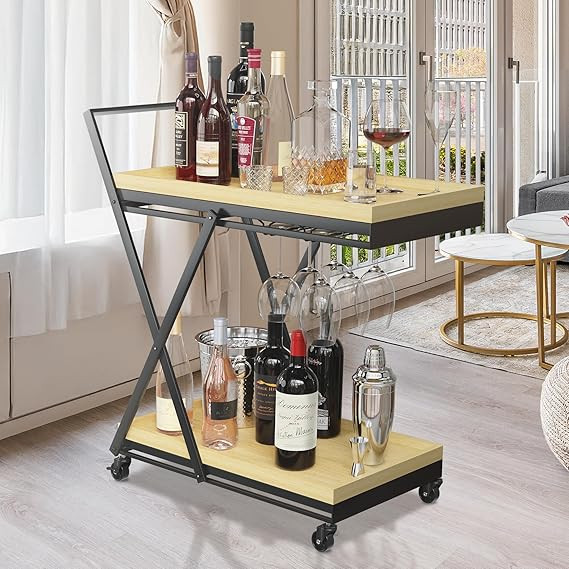 Bar Cart for The Home with Wheels – Rolling Kitchen Coffee Service with Wooden Trays, Portable ... | Amazon (US)