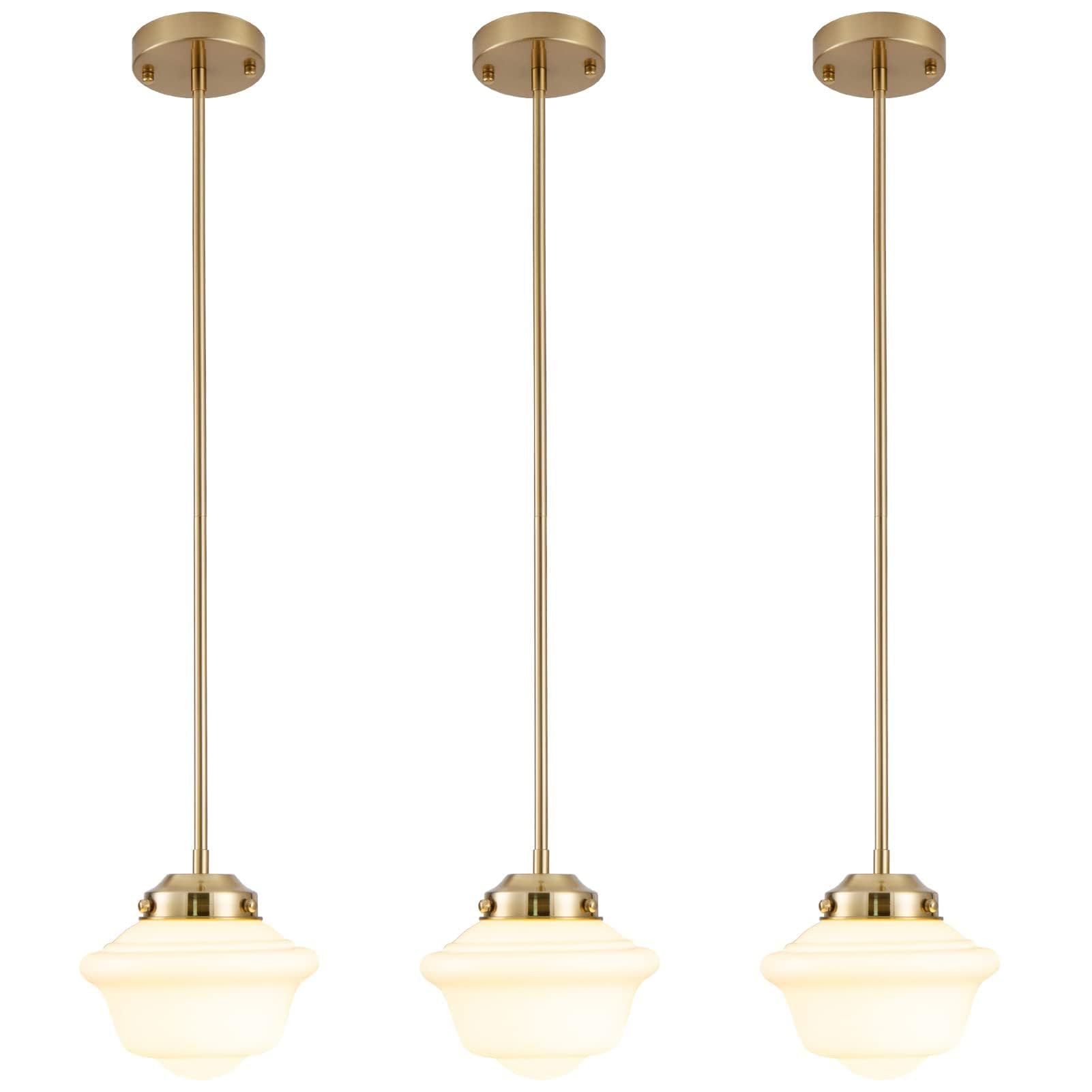 Set of 3 Schoolhouse Pendant Light, 8" Brass Gold Pendant Lights with Milk Glass Shade, Farmhouse... | Amazon (US)
