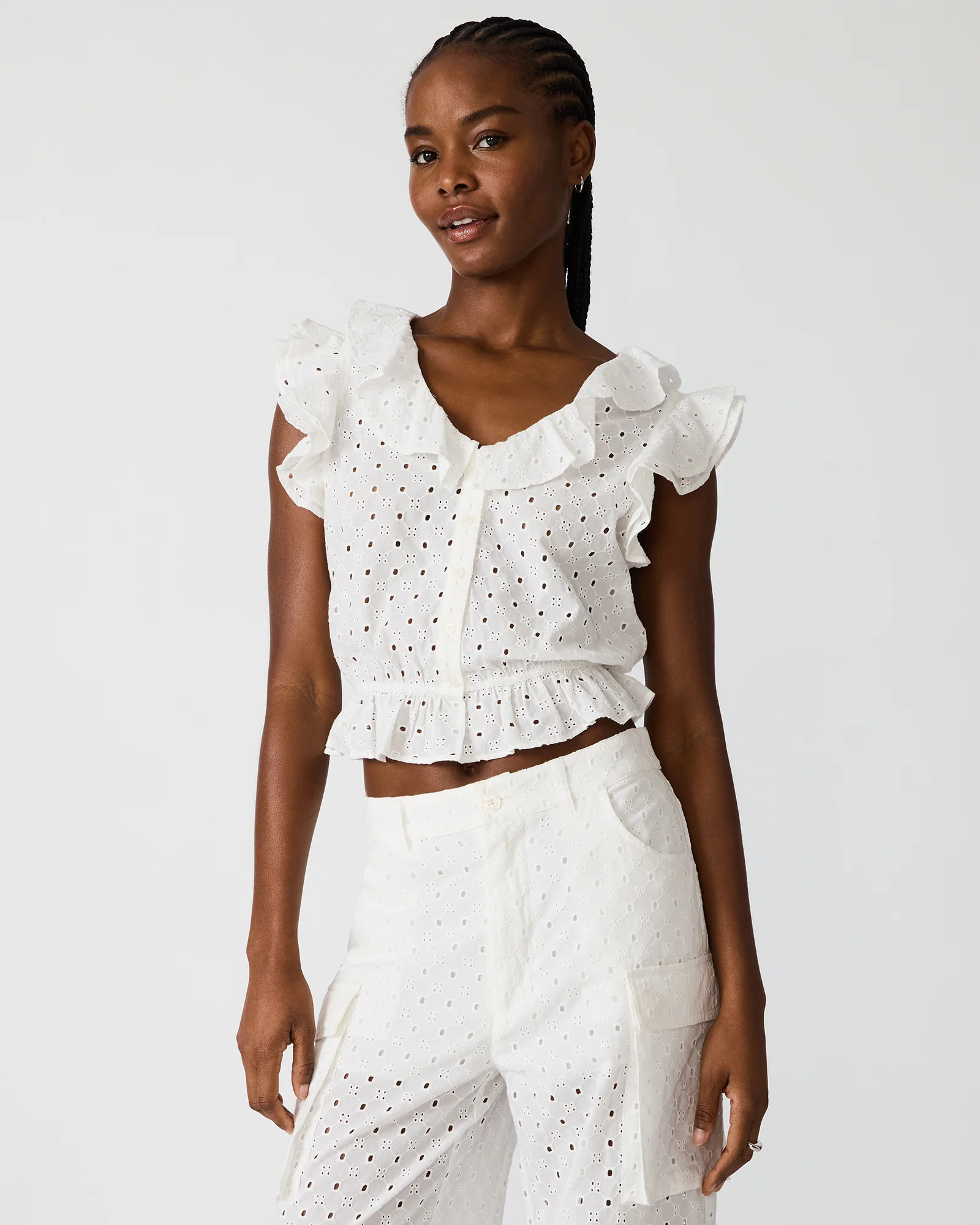 MAYRA White Button-Up Eyelet Ruffles Set Women's Top | Steve Madden (US)