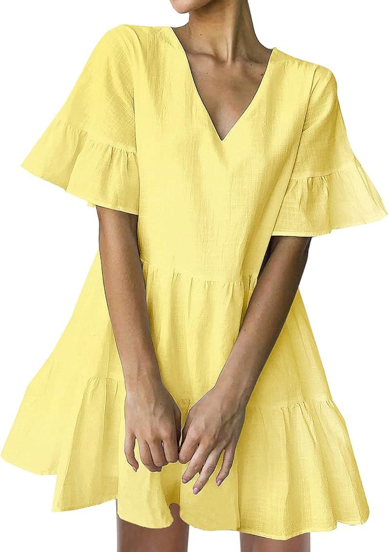 FANCYINN Women’s Cute Shift Dress with Pockets Bell Sleeve Ruffle Hem V Neck Loose Swing Tunic Mini  | Amazon (US)