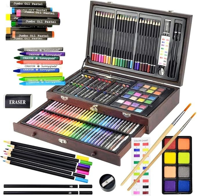 Sunnyglade 145 Piece Deluxe Art Set, Wooden Box & Drawing Kit with Crayons, Oil Pastels, Colored ... | Amazon (US)