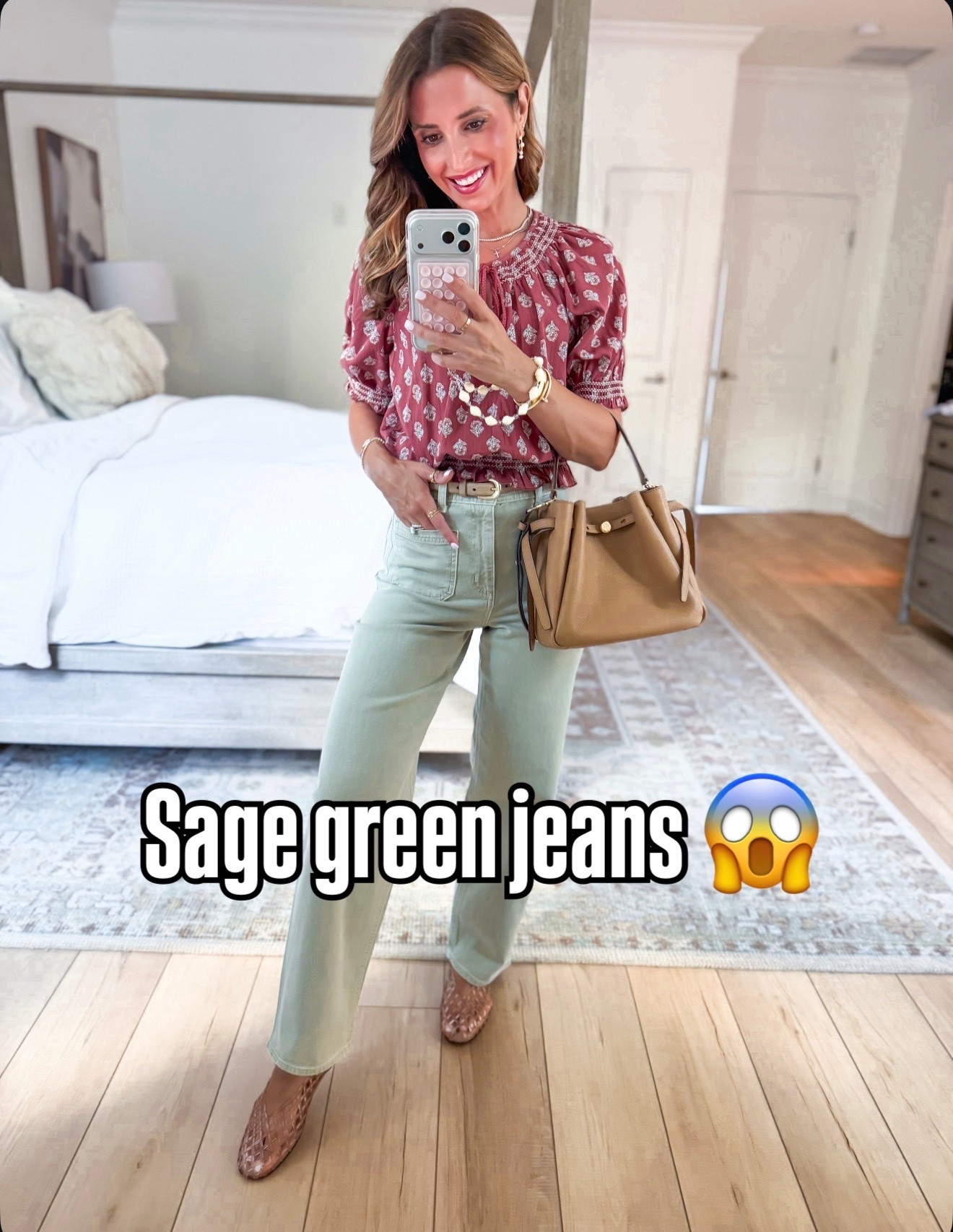 New Target arrivals for summer and early fall! I love these new Sage green jeans!! Wearing 00 in jeans and XS in top. Jelly ballet flats our whole size is only, size down if you are a half size. Tory Burch Romy bucket bag. Summer outfit. Teacher outfit. Business casual outfit. Fall outfit. Elevated casual outfit.

#LTKootd #LTKgrwm #LTKPetite