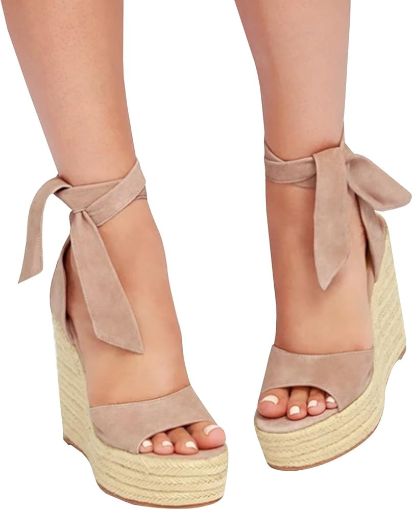 Womens Open Toe Tie Lace Up Espadrille Platform Wedges Sandals Ankle Strap Slingback Dress Shoes | Amazon (US)