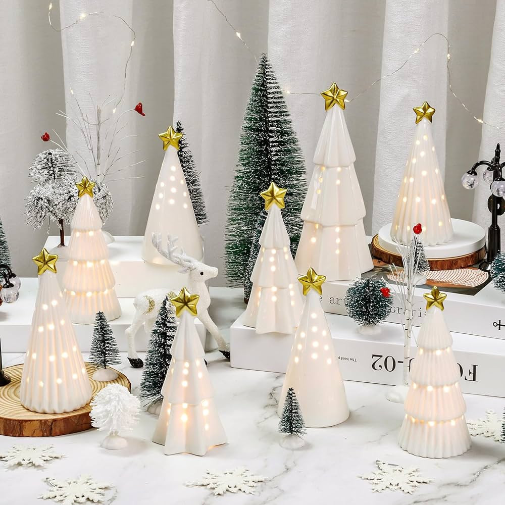 9 Pcs Lighted Ceramic Christmas Tree White Christmas Decorations Vintage Porcelain Christmas Tree... | Amazon (US)
