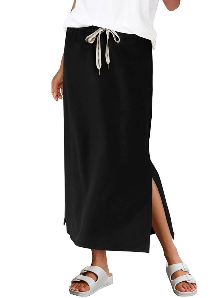 Yousify Womens Side Slit Maxi Skirts Elastic High Waisted Drawstring Casual Long Sweat Skirts | Amazon (US)